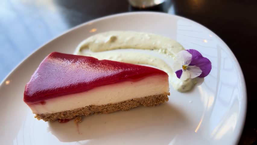 Eating Strawberry Cheese Cake with Spoon