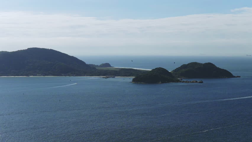 Amazing panorama aerial view of Ilha do Mel island with multiple forested islands, Paraná, Brazil.
