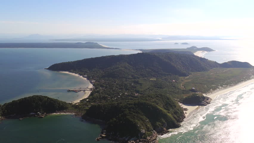 High altitude aerial view of Ilha do Mel island beautiful tropical environment with sandy beaches, Paraná, Brazil.