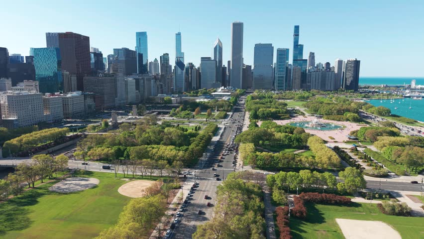 Drone Shot of Chicago Cityscape Skyline and Millennium Park, Skyscrapers, Towers and Landscape on Sunny Day