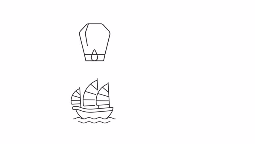 Animated Chinese culture and heritage line icons. Asian landmarks and festive symbols animation set. Ancient heritage of China. Outline elements on white background. HD video with alpha channel