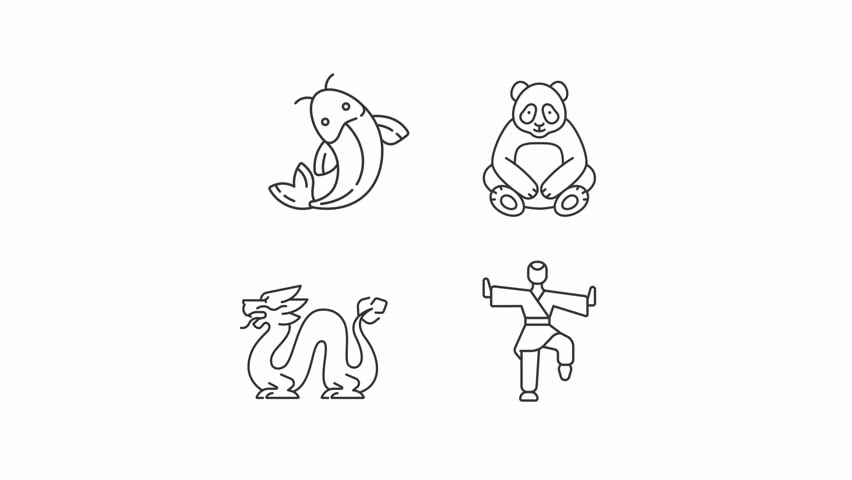 Animated culture symbols of China line icons. Traditional Chinese festive symbols and martial arts animation set. Oriental heritage. Outline elements on white background. HD video with alpha channel
