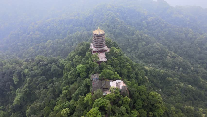 Aerial View of Mount Qingcheng, Lao Jun Pavilion Landmark, Sichuan, China