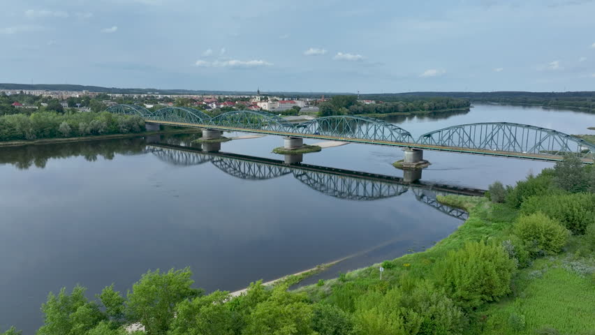 BYDGOSZCZ, POLAND - 10 AUG 2025: Aerial Bydgoszcz Poland Vistula River Fordon Bridge 1. Constructed in 1950