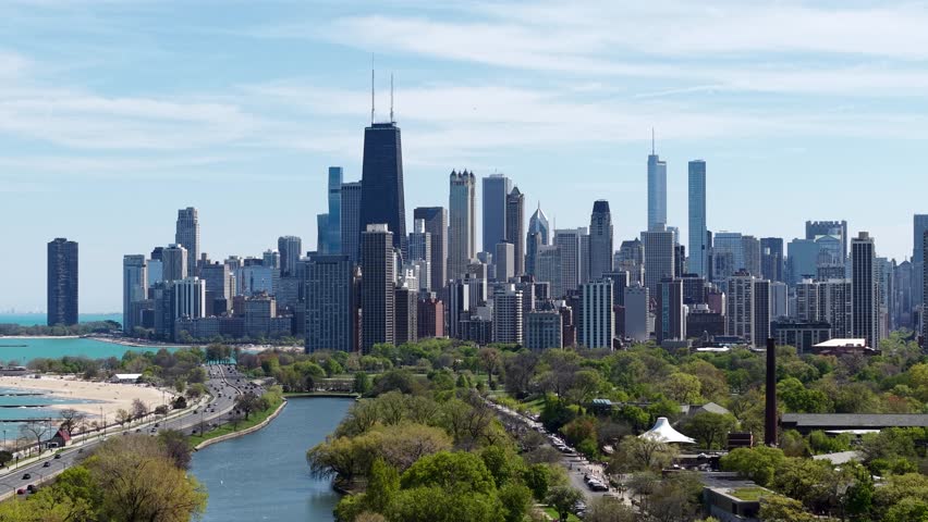 Drone Shot of Chicago Cityscape Skyline From Lincoln Park on Sunny Summer Day, Illinois USA
