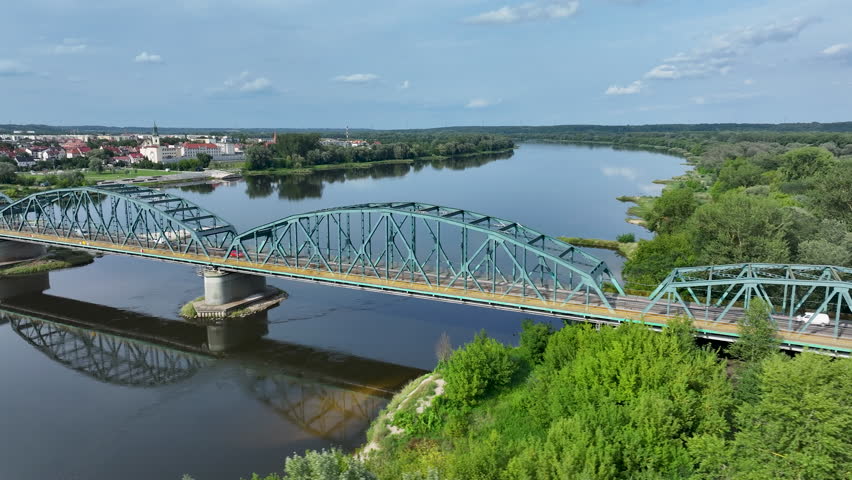BYDGOSZCZ, POLAND - 10 AUG 2025: Aerial Bydgoszcz Poland Vistula River Fordon Bridge arch 1. Constructed in 1950