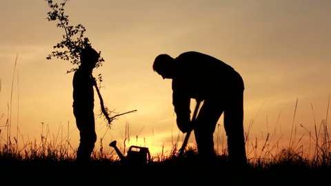 Father and son planting a tree. Sunrise. Silhouette. Spring.: film stockowy