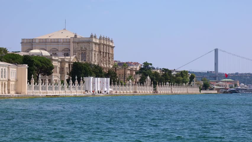 Panoramic view of Beylerbeyi Palace on asian coastline Bosporus Strait, Istanbul, Turkey. High quality 4k footage