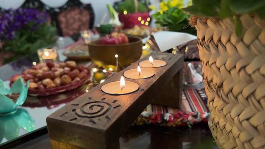 Candle light in wooden stand and flower in haftsin Nowruz table the colorful light decoration come apple sumac orange lantern traditional Tehran interior scenic nature morning architecture travel view