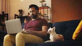 Cute small dog lying on sofa near male owner working on laptop, pet friendship - Powered by Shutterstock - Get 15% off with code: PIKWIZARD15