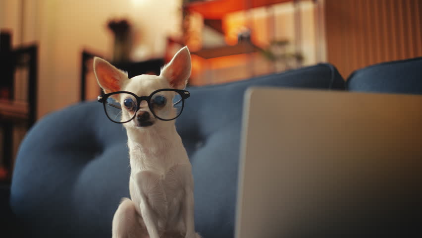 Chihuahua dog in funny glasses near laptop on sofa, looking like a pet scientist