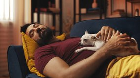 Tired middle-aged man napping on sofa with adorable Chihuahua dog on his belly - Powered by Shutterstock - Get 15% off with code: PIKWIZARD15