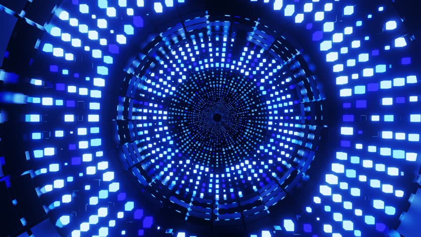 An AI-generated image of a swirling tunnel filled with blue glowing squares in a hypnotic digital space - Powered by Shutterstock - Get 15% off with code: PIKWIZARD15