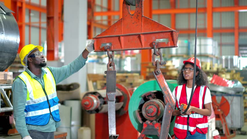 Two engineers actively monitor the production line in a metal sheet factory. A male and female engineer are checking the working.