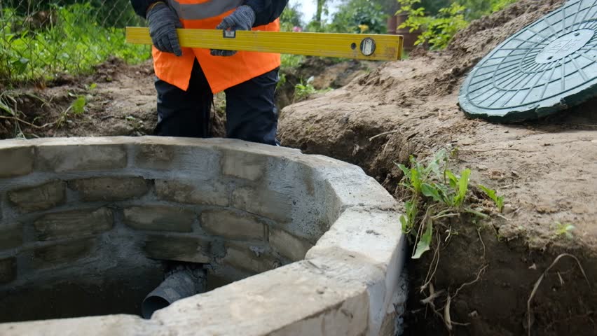 Construction worker in orange safety vest and hard hat using a spirit level to check the alignment of a concrete septic tank ring during installation in a private house yard for local sewage and drain - Powered by Shutterstock - Get 15% off with code: PIKWIZARD15