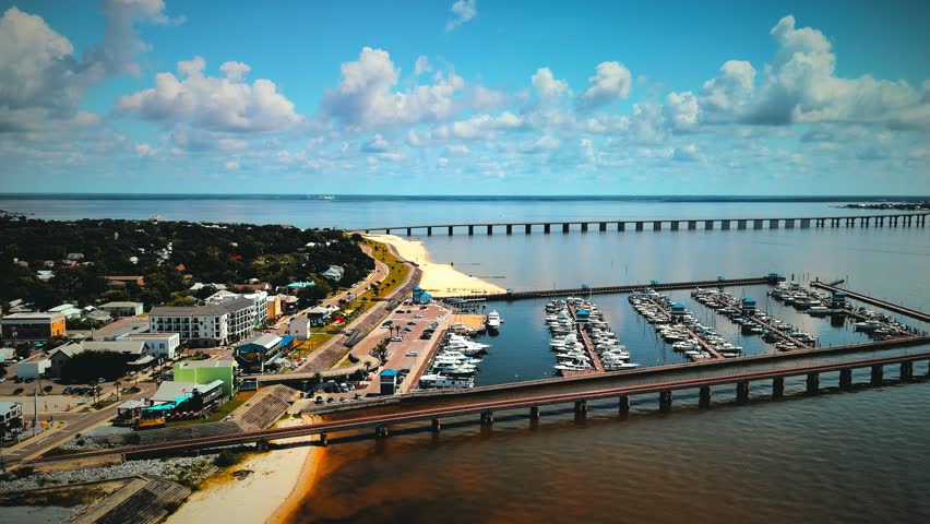 An aerial footage of Bay St Louis Harbor on the Gulf Coast in Bay St. Louis city, Hancock County, Mississippi, in the United States