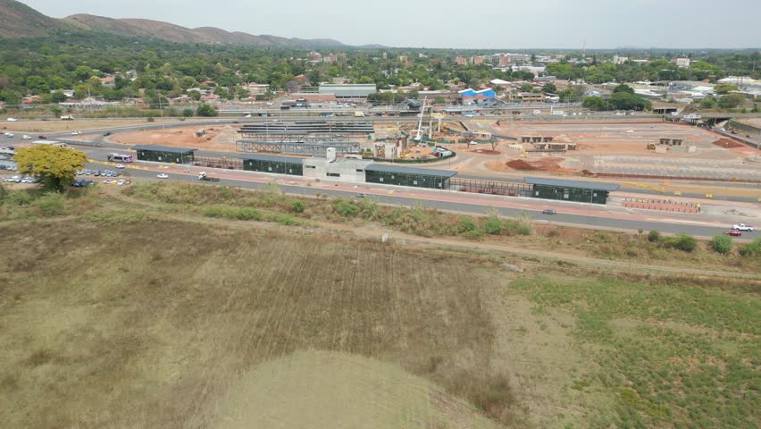 Fly toward large transport hub under construction in Pretoria, South Africa