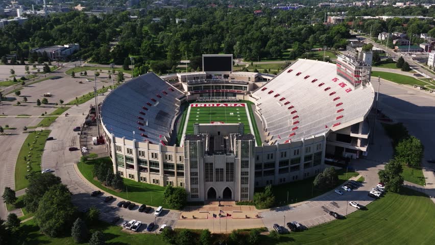 Bloomington , Indiana , United States - 08 03 2025: Cinematic Establishing Drone Shot Above Indiana University Memorial Stadium