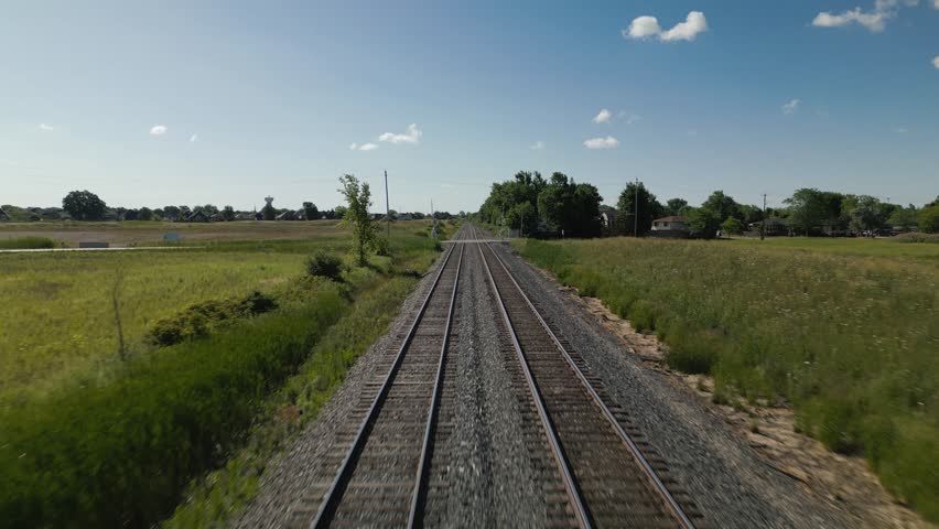 Smooth forward drone flight following railroad tracks through a rural crossing surrounded by open fields and greenery.