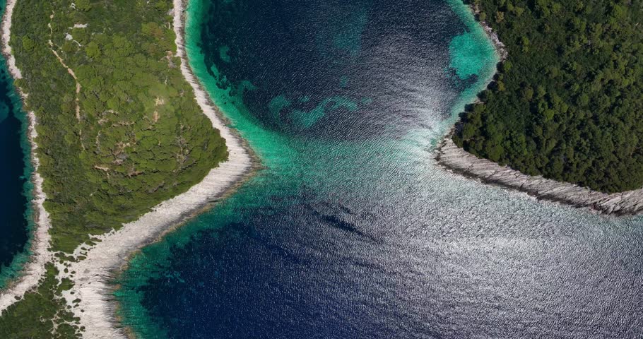 Aerial top-down view of Mljet island’s coast showcasing clear blue waters and lush green forests.