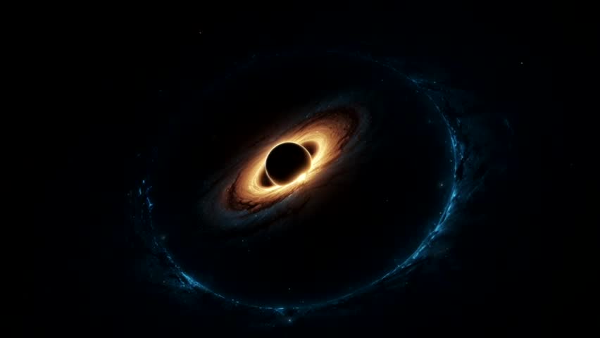 a giant black hole surrounded by a rapidly spinning, glowing orange and yellow accretion disk.