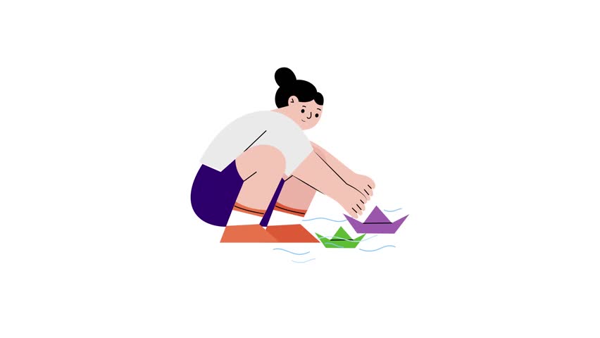 A flat style animated illustration showing a kid playing with paper boats