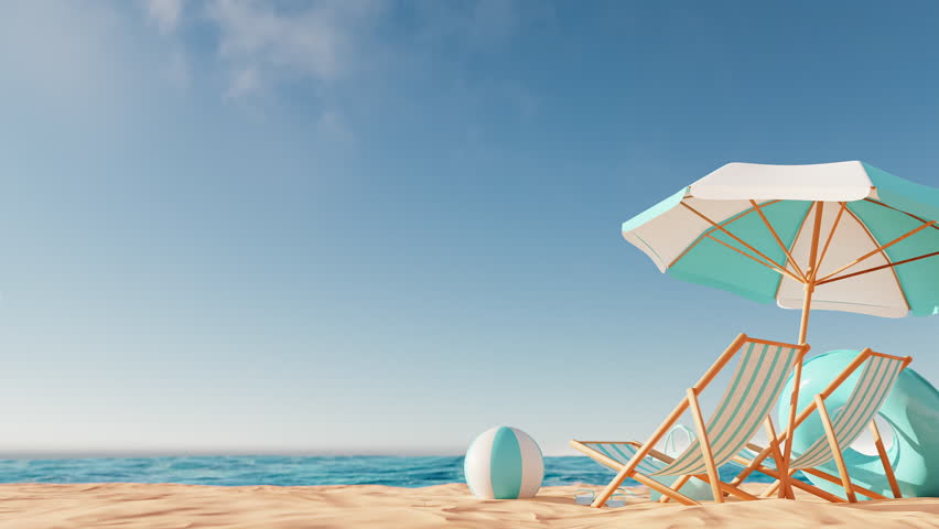 4k Animation. View of beach in summer holidays concept. 3D Animation
