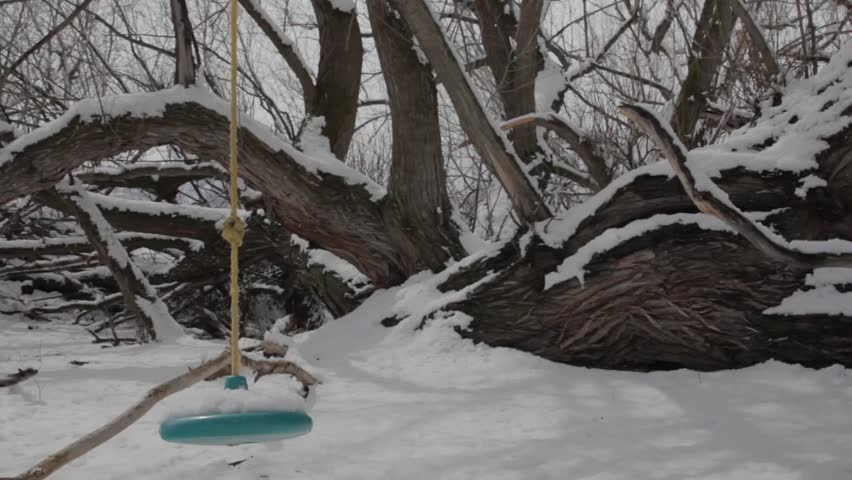 A child's rope swing in snow covered trees