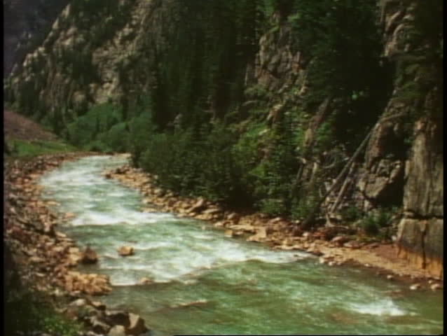 Durango Silverton Railroad, POV from train, alongside river, Durango, Colorado