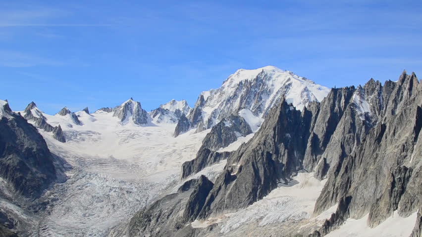 Mountain panorama of Mont Blanc mountain  covered in snow, Valle Blanche and Mer de Glace glacier, France.