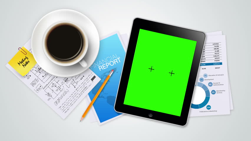 Tablet with Green Screen Slide Show and morning coffee