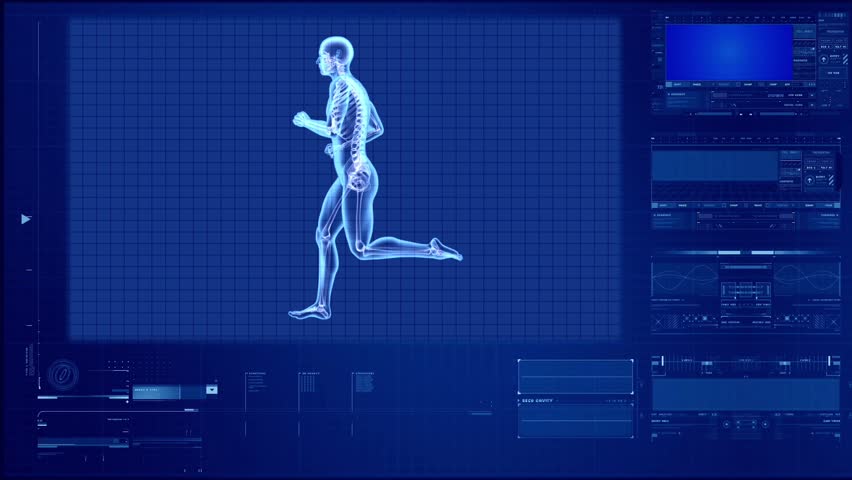 X-ray human body of a man with skeleton running the background of high-tech