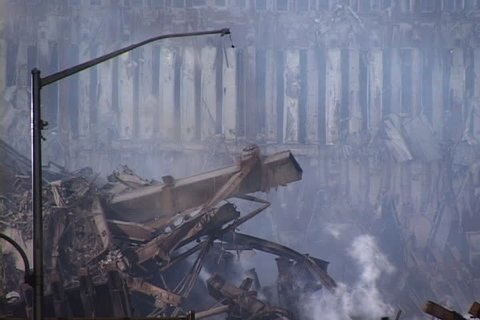 NEW YORK CITY - SEPTEMBER 28, 2001: World Trade Center rubble with smoke rising.