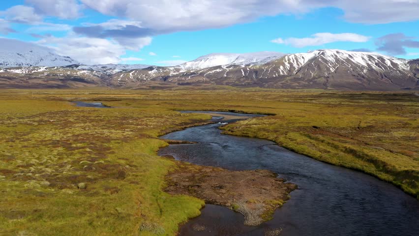 Iceland Blue River Volcanic Landscape River Delta Drone aerial 4K