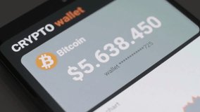 Close-up of a smartphone screen displaying a cryptocurrency wallet with a Bitcoin balance of over $5 million and a 'Buy' button. - Powered by Shutterstock - Get 15% off with code: PIKWIZARD15
