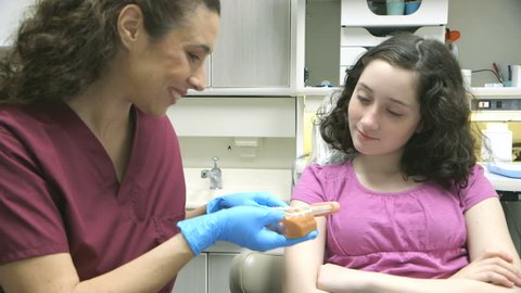 A dental hygienist using a dental model and toothbrush shows her young patient the correct method to brush teeth. 