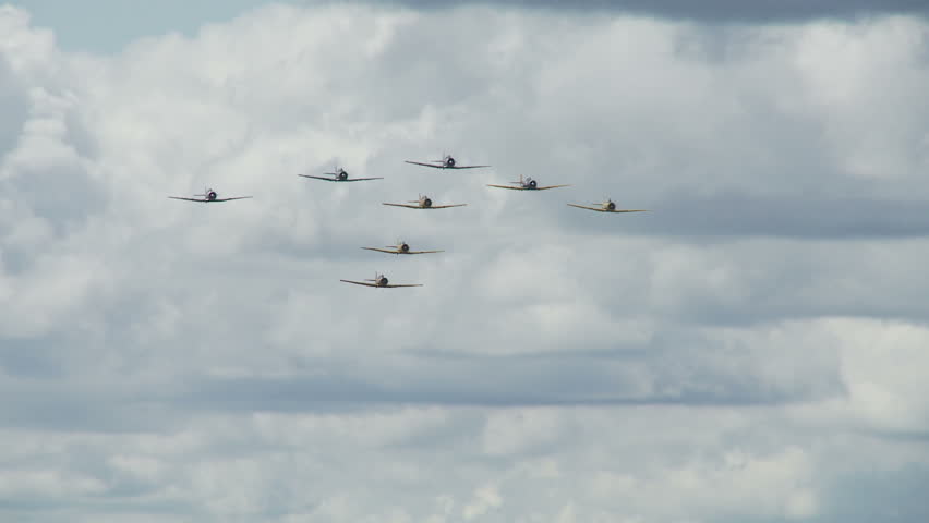 USAF T-6 Texans flying in a T-formation with Canadian Air Force Harvards, eight