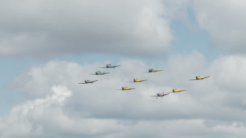 USAF T-6 Texans flying in formation with Canadian Air Force Harvards, small