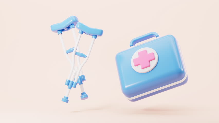 Cartoon crutches and first-aid kit, 3d rendering. Motion Graphic.