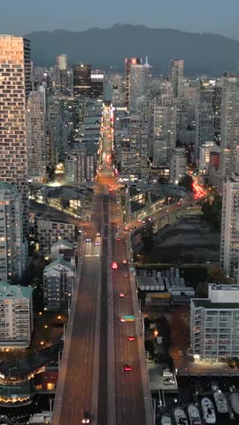 Aerial view on downtown of Vancouver at dusk, Canada