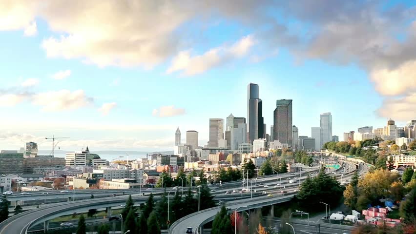 Panoramic view of the seattle skyline with modern architecture and transportation