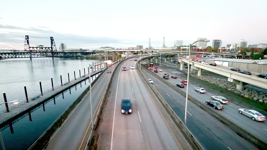 Aerial view of the highway with traffic in portland, oregon at sunset