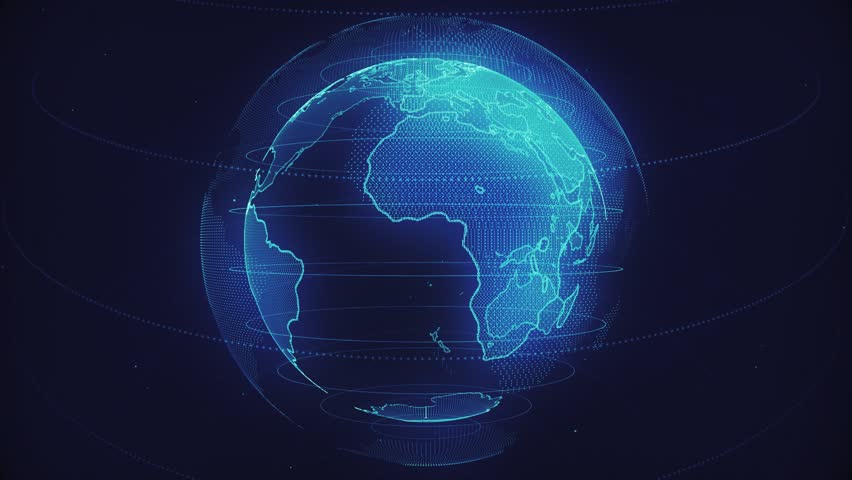 Spinning blue digital hologram globe with glitch effect. Global communications, connections and cybersecurity concept technology background. Full HD and looping futuristic tech animation.