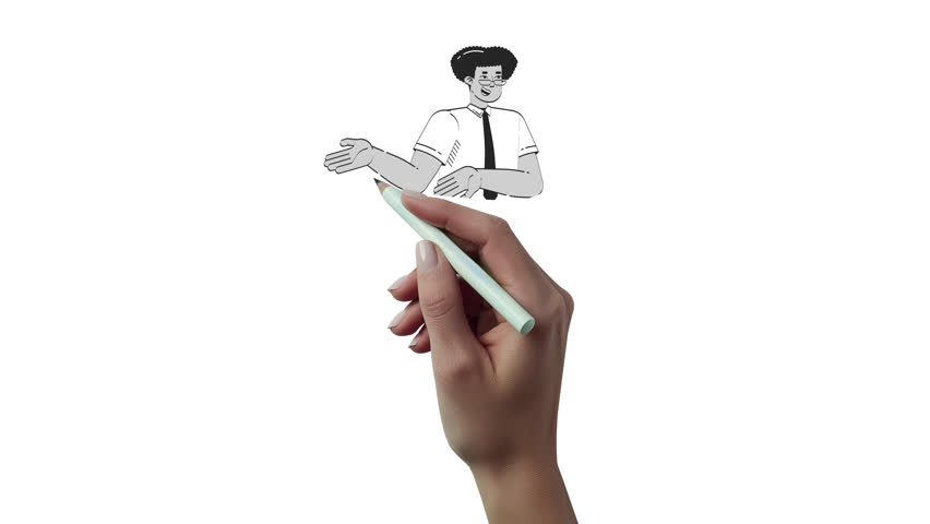 Friendly latino male office worker explaining with gesture outline hand drawn 2D character animation. Cheerful hispanic man business casual animated person handdrawn isolated. Doodle drawing 4K video
