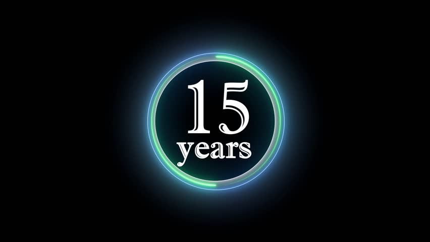 15 Years, 3D Rendering. Glow Alphabet Number in sphere ,15 Years Text Animation Effects Anniversary Digital neon Circle black Background.