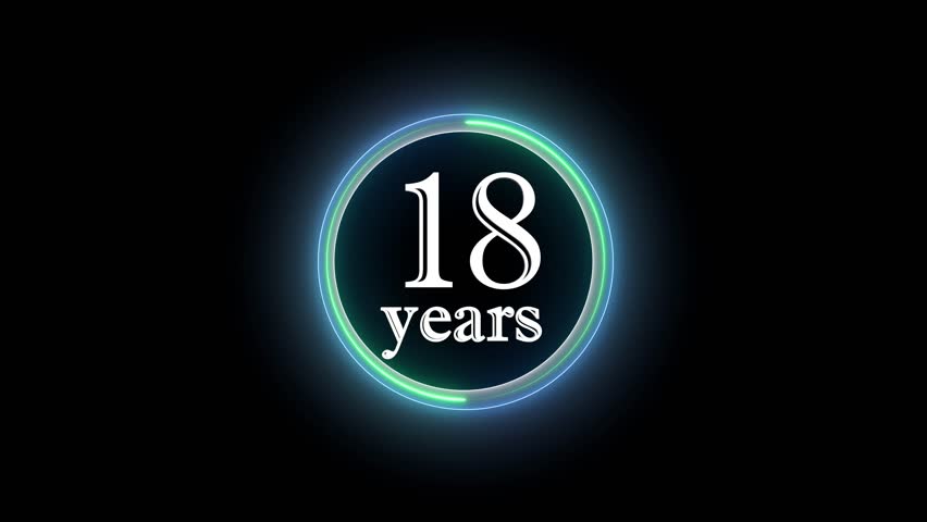 18 Years, 3D Rendering. Glow Alphabet Number in sphere ,18 Years Text Animation Effects Anniversary Digital neon Circle black Background.