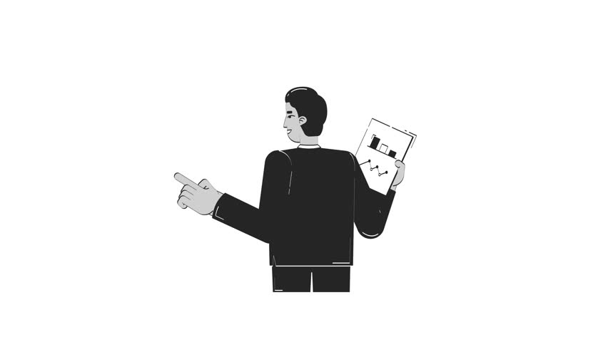 Indian businessman holding business chart document outline 2D character doodle animation. South asian male professional explaining report animated person isolated on white. Linear drawing 4K video