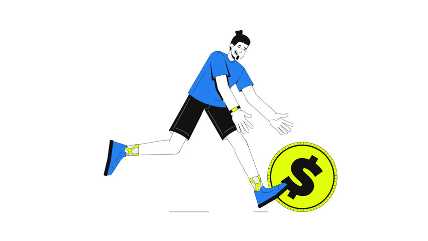 Running to get discount 2D onboarding ui animation. Man chasing rolling dollar coin. Earning reward. Special offer for shopper animated cartoon flat concept, app intro 4K video isolated on white