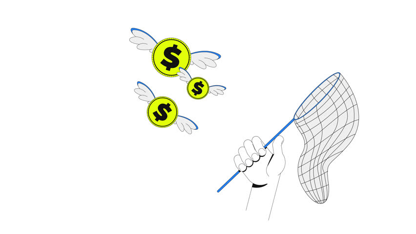 Catch discount 2D onboarding ui animation. Catching flying dollar coins with net. Fleeting money. Gamified reward cashback animated cartoon flat concept, app intro 4K video isolated on white