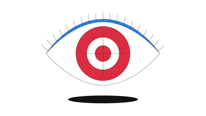 Looking for strategy 2D onboarding ui animation. Eye with bullseye. Visual targeting. Clarity, intent, focus. Mission vision animated cartoon flat concept, app intro 4K video isolated on white